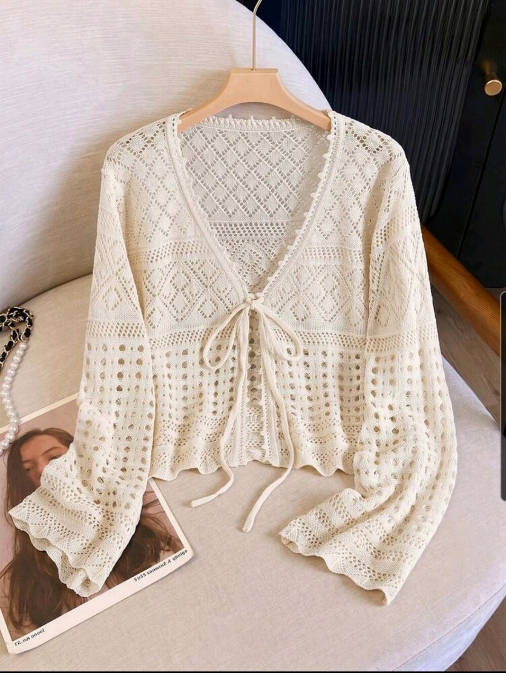 BRAND NEW ** Women's Cream Crochet Tie-Front Sweater Cardigan